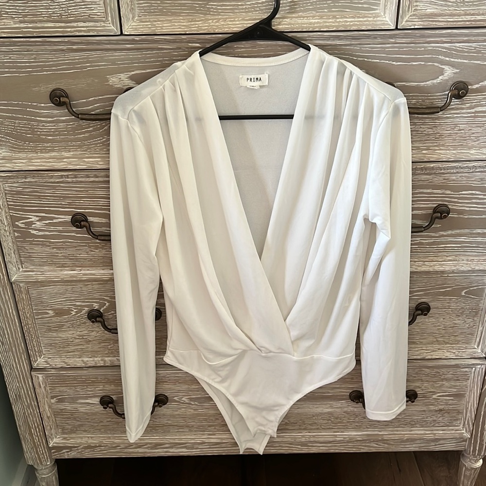 White open front drape bodysuit